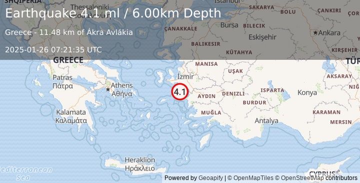 Earthquake DODECANESE ISLANDS, GREECE (3.8 ml) (2025-01-26 07:21:35 UTC)