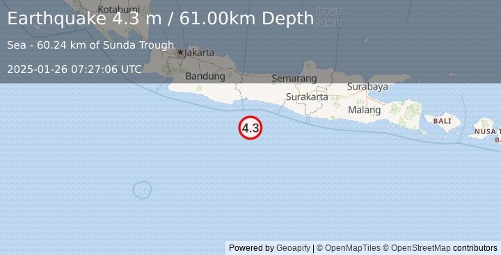 Earthquake JAVA, INDONESIA (4.3 m) (2025-01-26 07:27:06 UTC)