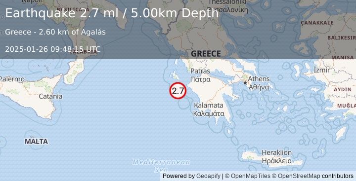 Earthquake IONIAN SEA (2.7 ml) (2025-01-26 09:48:15 UTC)