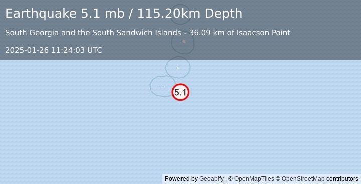 Earthquake SOUTH SANDWICH ISLANDS REGION (5.1 mb) (2025-01-26 11:24:03 UTC)