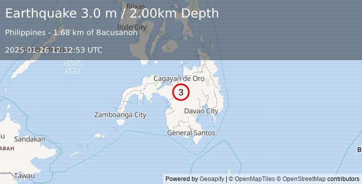 Earthquake MINDANAO, PHILIPPINES (3.0 m) (2025-01-26 12:32:53 UTC)