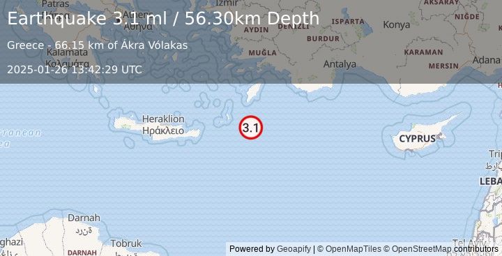 Earthquake DODECANESE ISLANDS, GREECE (3.1 ml) (2025-01-26 13:42:29 UTC)