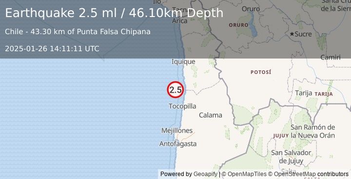 Earthquake OFFSHORE ANTOFAGASTA, CHILE (2.5 ml) (2025-01-26 14:11:11 UTC)