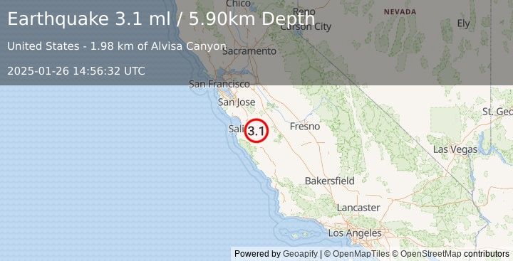 Earthquake CENTRAL CALIFORNIA (3.1 ml) (2025-01-26 14:56:32 UTC)