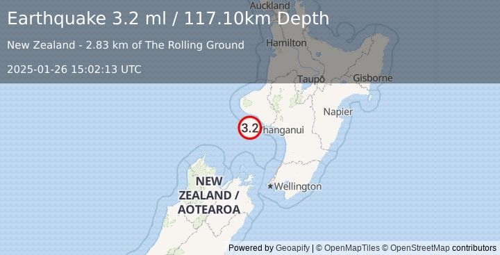 Earthquake NORTH ISLAND OF NEW ZEALAND (3.2 ml) (2025-01-26 15:02:13 UTC)