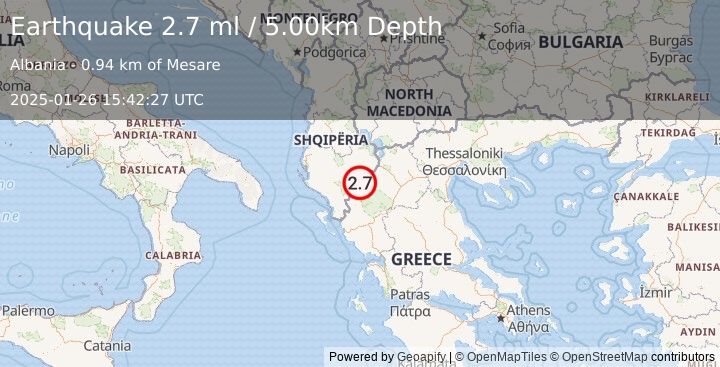 Earthquake ALBANIA (2.5 ml) (2025-01-26 15:42:26 UTC)