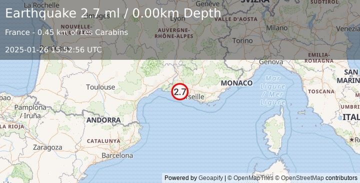 Earthquake NEAR SOUTH COAST OF FRANCE (2.7 ml) (2025-01-26 15:52:56 UTC)