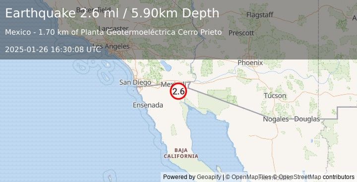 Earthquake BAJA CALIFORNIA, MEXICO (2.6 ml) (2025-01-26 16:30:08 UTC)