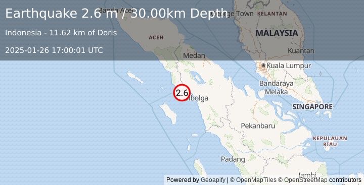 Earthquake NORTHERN SUMATRA, INDONESIA (2.6 m) (2025-01-26 17:00:01 UTC)