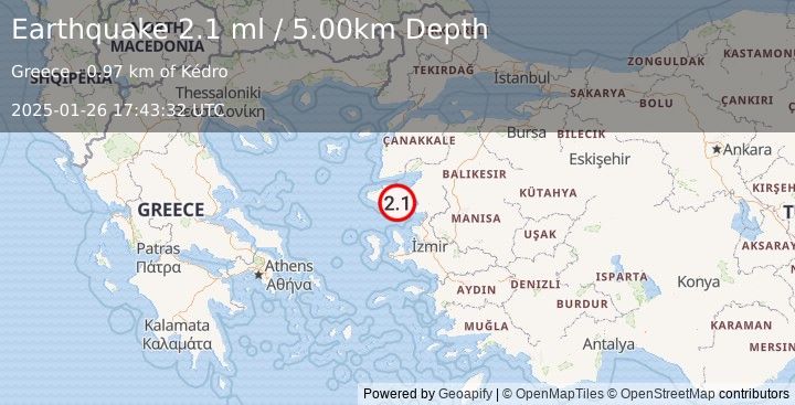 Earthquake NEAR THE COAST OF WESTERN TURKEY (2.1 ml) (2025-01-26 17:43:32 UTC)