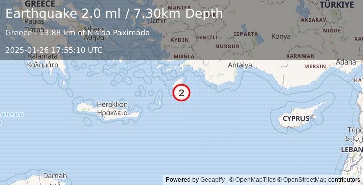 Earthquake EASTERN MEDITERRANEAN SEA (2.0 ml) (2025-01-26 17:55:10 UTC)