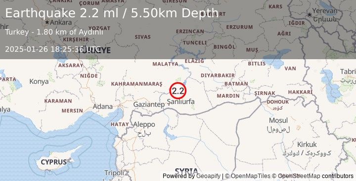 Earthquake EASTERN TURKEY (2.2 ml) (2025-01-26 18:25:36 UTC)