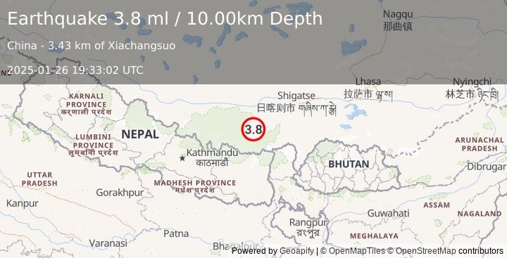 Earthquake WESTERN XIZANG (3.8 ml) (2025-01-26 19:33:02 UTC)