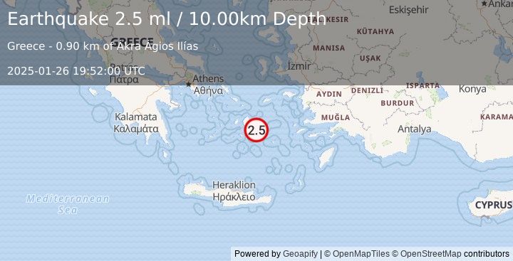 Earthquake DODECANESE ISLANDS, GREECE (2.5 ml) (2025-01-26 19:52:00 UTC)