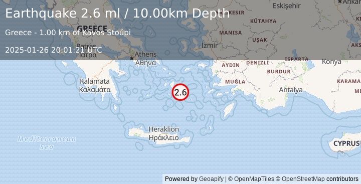 Earthquake DODECANESE ISLANDS, GREECE (2.6 ml) (2025-01-26 20:01:21 UTC)