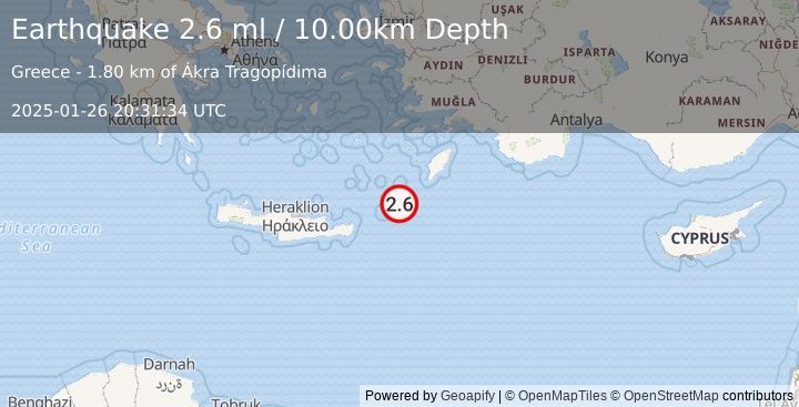 Earthquake DODECANESE ISLANDS, GREECE (2.9 ml) (2025-01-26 20:31:32 UTC)