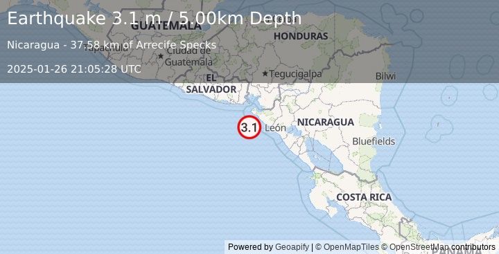 Earthquake NEAR COAST OF NICARAGUA (3.1 m) (2025-01-26 21:05:28 UTC)