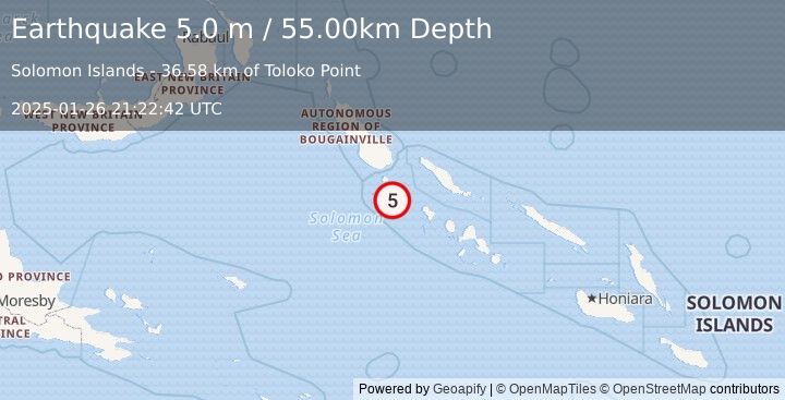 Earthquake SOLOMON ISLANDS (5.0 mb) (2025-01-26 21:22:39 UTC)