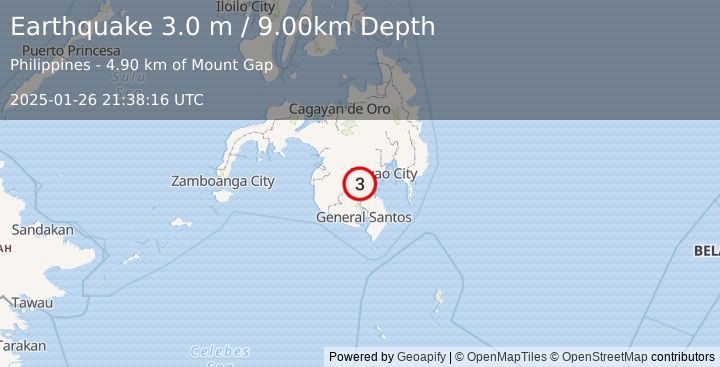 Earthquake MINDANAO, PHILIPPINES (3.0 m) (2025-01-26 21:38:16 UTC)