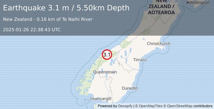 Earthquake SOUTH ISLAND OF NEW ZEALAND (3.1 m) (2025-01-26 22:38:43 UTC)