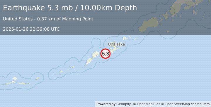 Earthquake FOX ISLANDS, ALEUTIAN ISLANDS (5.3 mb) (2025-01-26 22:39:12 UTC)