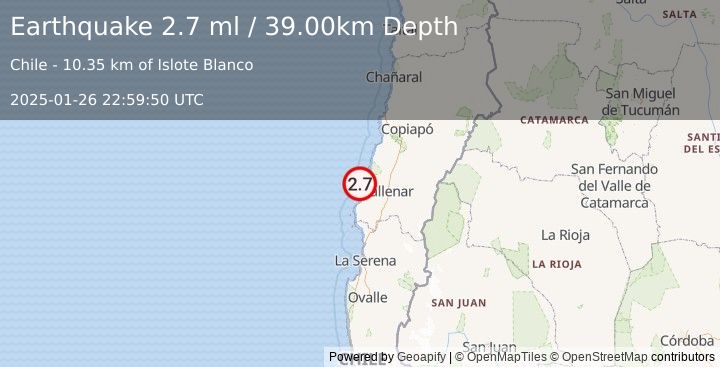 Earthquake OFFSHORE ATACAMA, CHILE (2.7 ml) (2025-01-26 22:59:50 UTC)