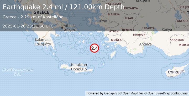 Earthquake DODECANESE ISLANDS, GREECE (2.4 ml) (2025-01-26 23:31:56 UTC)