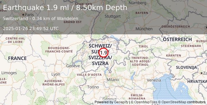 Earthquake SWITZERLAND (1.9 ml) (2025-01-26 23:49:52 UTC)