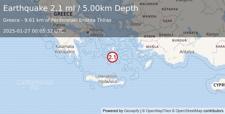 Earthquake DODECANESE ISLANDS, GREECE (2.1 ml) (2025-01-27 00:05:32 UTC)