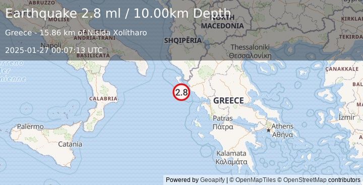 Earthquake KERKIRA REGION, GREECE (2.8 ml) (2025-01-27 00:07:13 UTC)