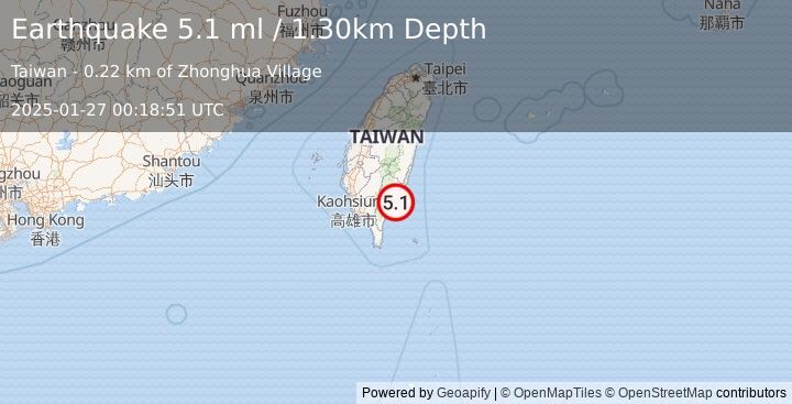 Earthquake TAIWAN REGION (5.0 mb) (2025-01-27 00:18:48 UTC)