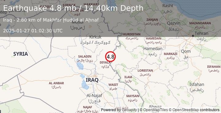 Earthquake IRAN-IRAQ BORDER REGION (4.8 mb) (2025-01-27 01:02:30 UTC)