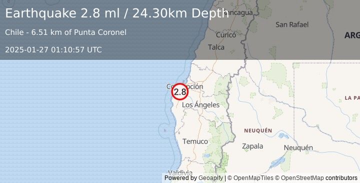 Earthquake OFFSHORE BIO-BIO, CHILE (2.8 ml) (2025-01-27 01:10:57 UTC)