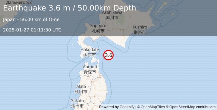 Earthquake HOKKAIDO, JAPAN REGION (3.6 m) (2025-01-27 01:11:30 UTC)