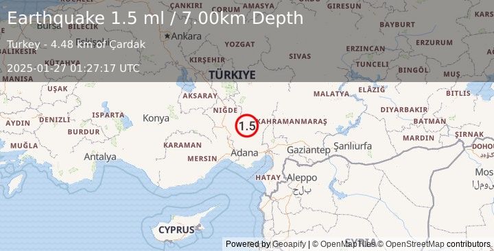 Earthquake CENTRAL TURKEY (1.5 ml) (2025-01-27 01:27:17 UTC)