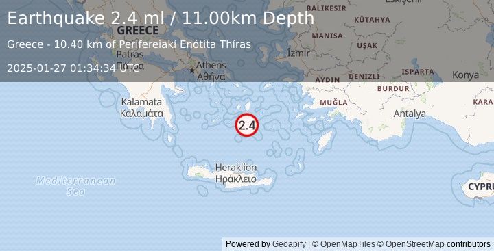 Earthquake DODECANESE ISLANDS, GREECE (2.4 ml) (2025-01-27 01:34:34 UTC)