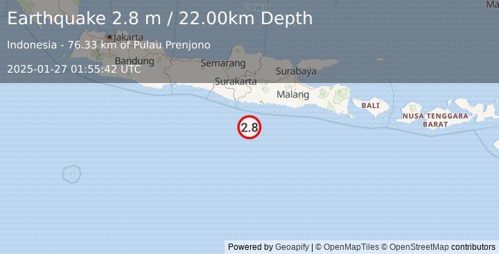 Earthquake SOUTH OF JAVA, INDONESIA (2.8 m) (2025-01-27 01:55:42 UTC)