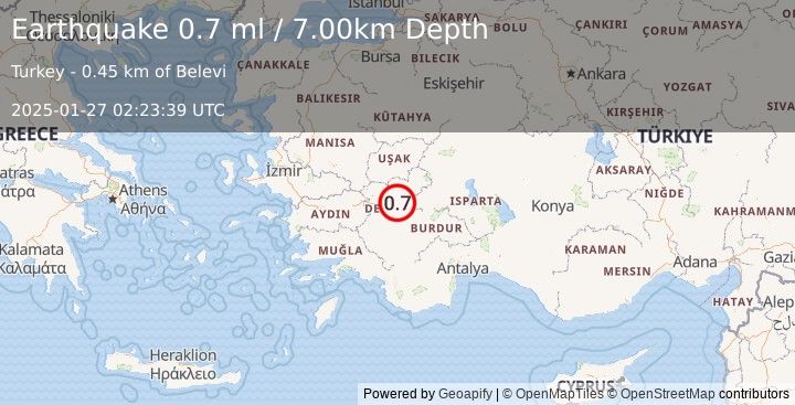 Earthquake WESTERN TURKEY (0.7 ml) (2025-01-27 02:23:39 UTC)