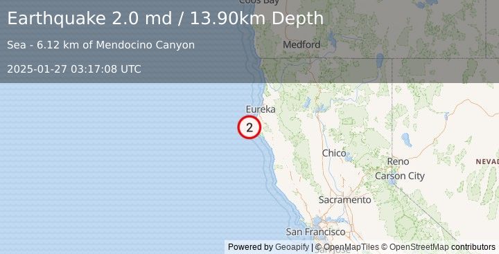 Earthquake OFFSHORE NORTHERN CALIFORNIA (2.0 md) (2025-01-27 03:17:08 UTC)