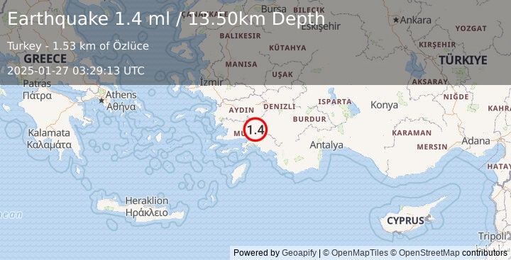 Earthquake WESTERN TURKEY (1.4 ml) (2025-01-27 03:29:13 UTC)