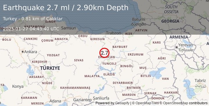 Earthquake EASTERN TURKEY (2.7 ml) (2025-01-27 04:43:40 UTC)