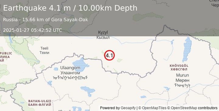 Earthquake RUSSIA-MONGOLIA BORDER REGION (4.1 m) (2025-01-27 05:42:52 UTC)