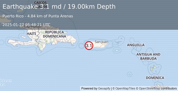 Earthquake MONA PASSAGE, PUERTO RICO (3.1 md) (2025-01-27 05:48:21 UTC)