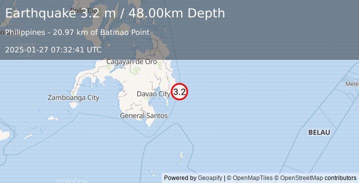 Earthquake MINDANAO, PHILIPPINES (3.2 m) (2025-01-27 07:32:41 UTC)