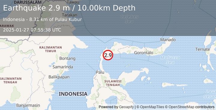 Earthquake MINAHASA, SULAWESI, INDONESIA (2.9 m) (2025-01-27 07:55:38 UTC)