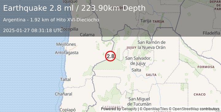 Earthquake SALTA, ARGENTINA (2.8 ml) (2025-01-27 08:31:18 UTC)