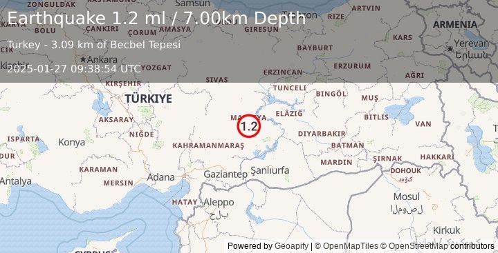 Earthquake EASTERN TURKEY (1.2 ml) (2025-01-27 09:38:54 UTC)