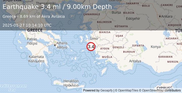 Earthquake DODECANESE ISLANDS, GREECE (3.3 ml) (2025-01-27 10:14:09 UTC)