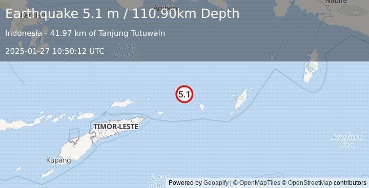 Earthquake KEPULAUAN BABAR, INDONESIA (5.1 m) (2025-01-27 10:50:13 UTC)