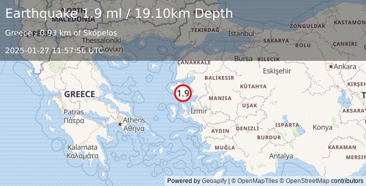 Earthquake NEAR THE COAST OF WESTERN TURKEY (2.0 ml) (2025-01-27 11:57:57 UTC)